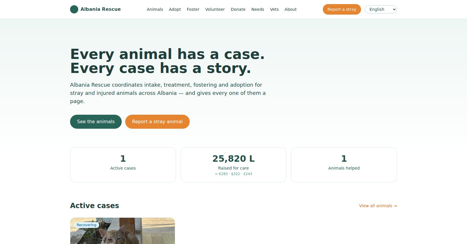 Albania Rescue home page, the donation and case coordination platform