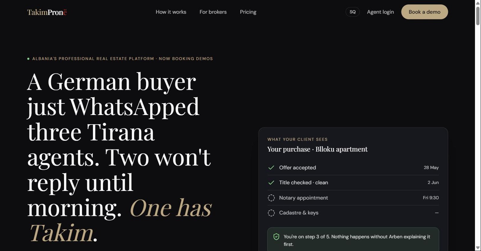TakimPronë home page, showing the client-facing purchase timeline